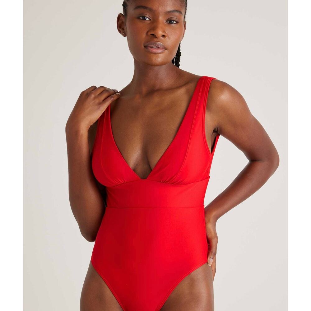 QUINCE Italian Plunge One-Piece Swimsuit in Cherry Medium